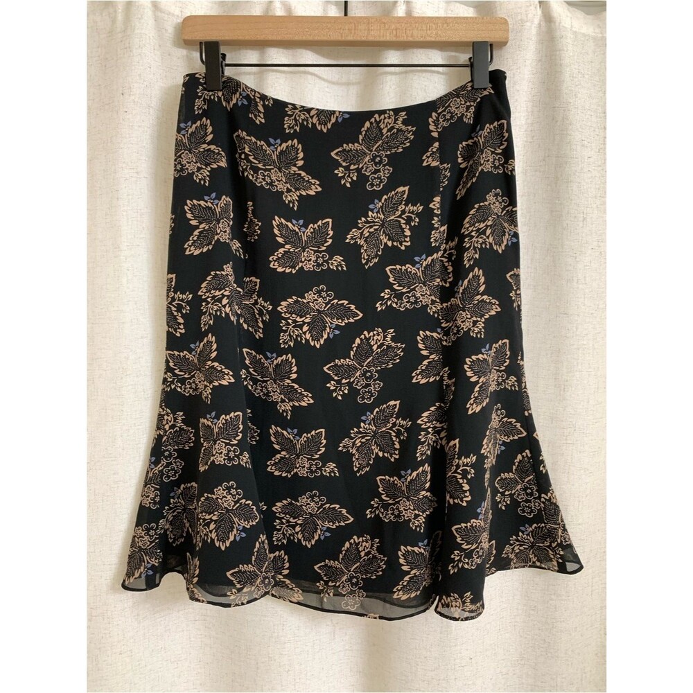 Ann Taylor LOFT 100% Silk A Line Black Skirt with Beige Floral Herb Print 8P